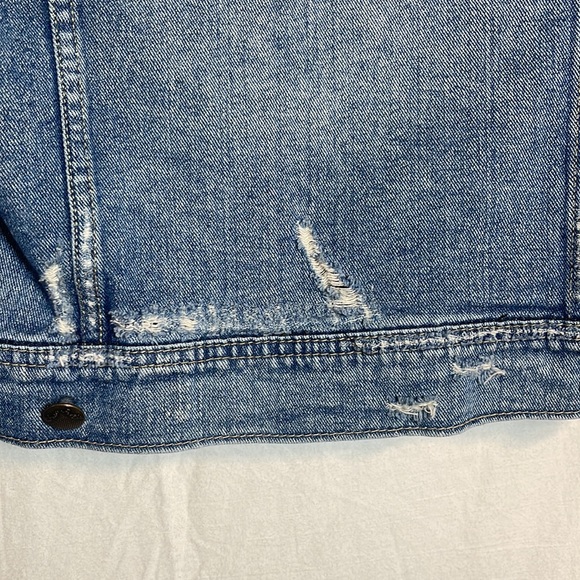 Free People Denim Jacket Medium Jean Hood Gray Sleeves Mixed Media Distressed M - Picture 15 of 16